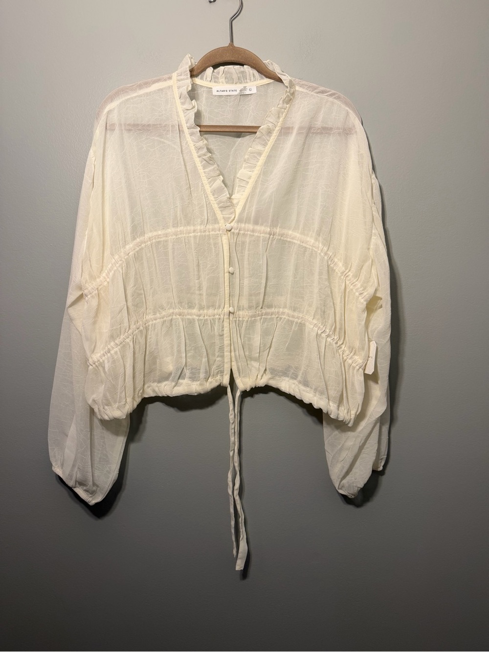 Aritzia Cream Sheer Ruffle-Trim Button Front Blouse